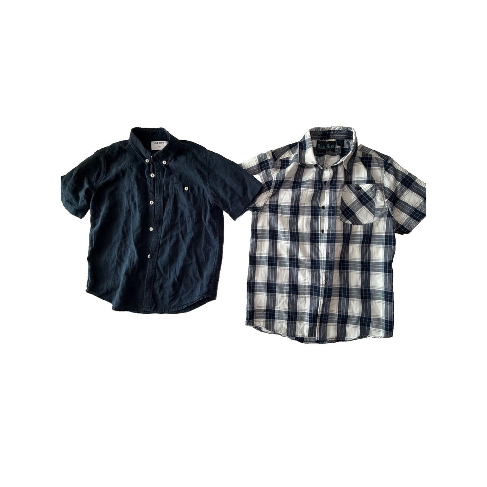 Boys Size L 10-12 Shirt Lot Old Navy Bold Blue Button Down Plaid Navy 2 Pc